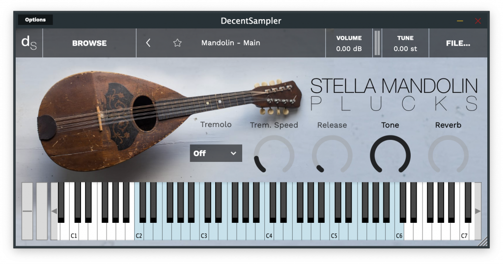 User interface for the Stella Mandolin sample library.